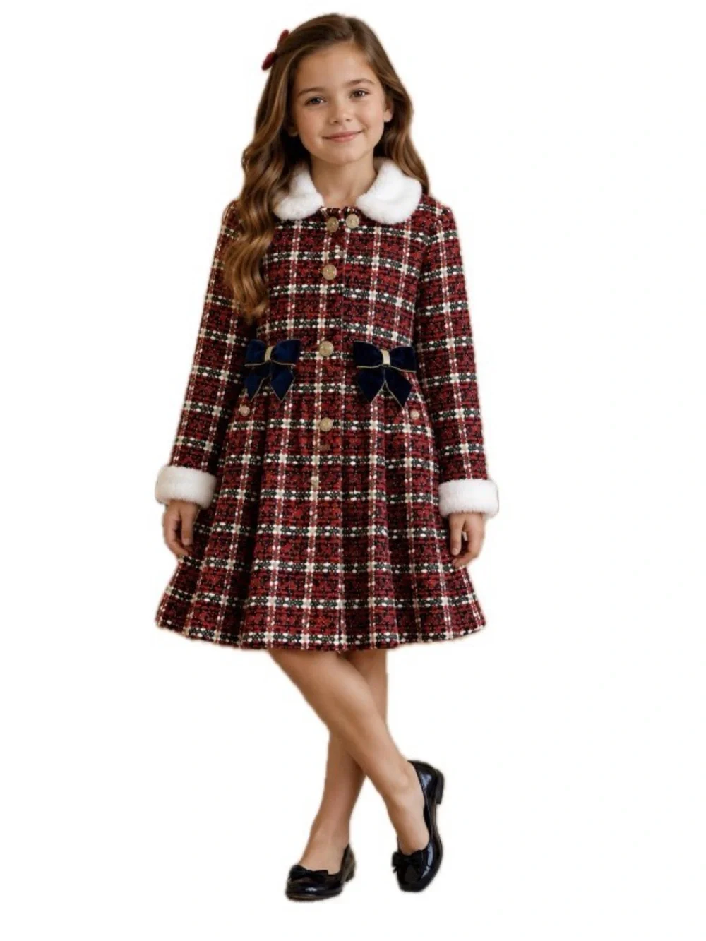 Blueberi Boulevard, Girls Holiday Plaid Tweed Coat Faux Fur Bow, Size 8